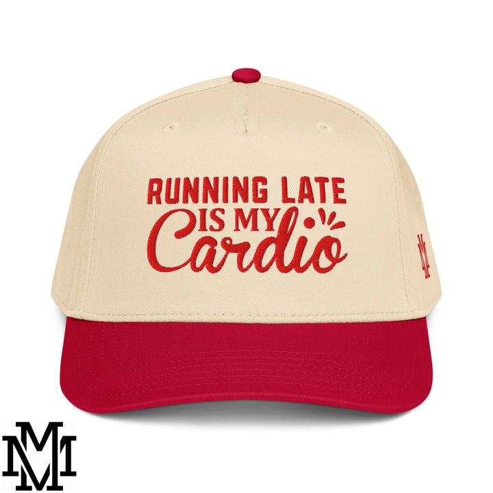 Beige and red snapback baseball cap with embroidered bold red running late is my cardio text on front