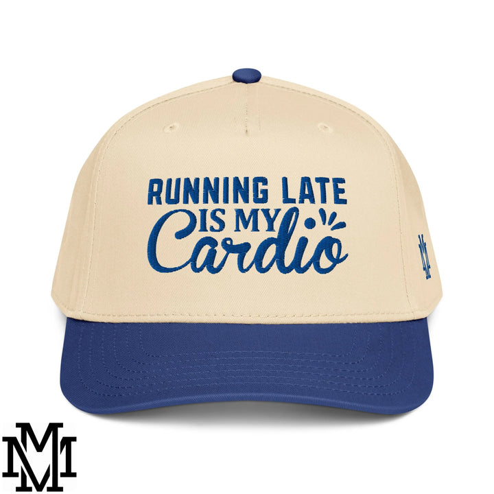 Beige and blue baseball snapback hat with running late is my cardio embroidered text in navy blue