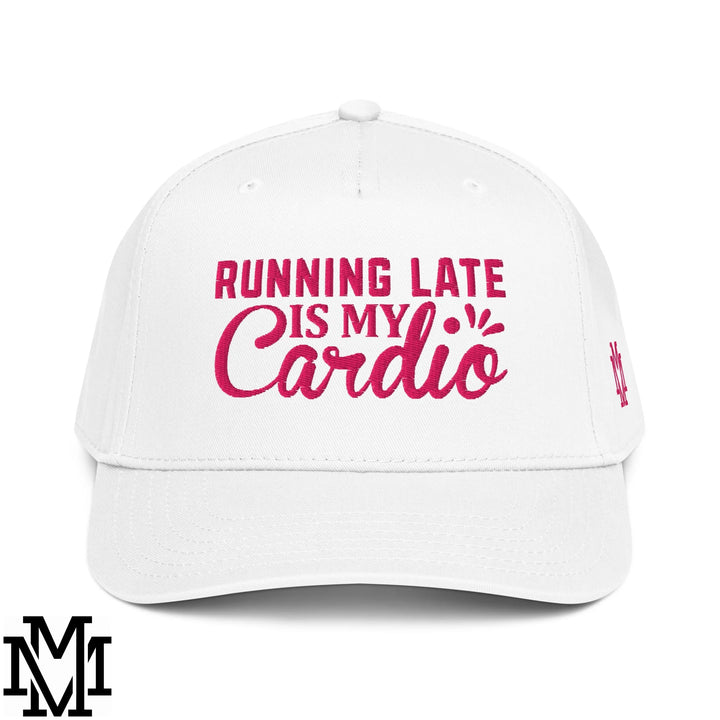 White baseball snapback hat with pink embroidered running late is my cardio text and small side logo