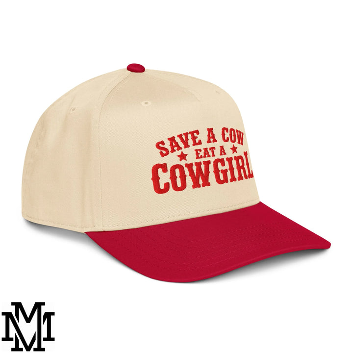 Save a Cow Eat a Cowgirl Embroidered Baseball Snapback Hat - Red Natural