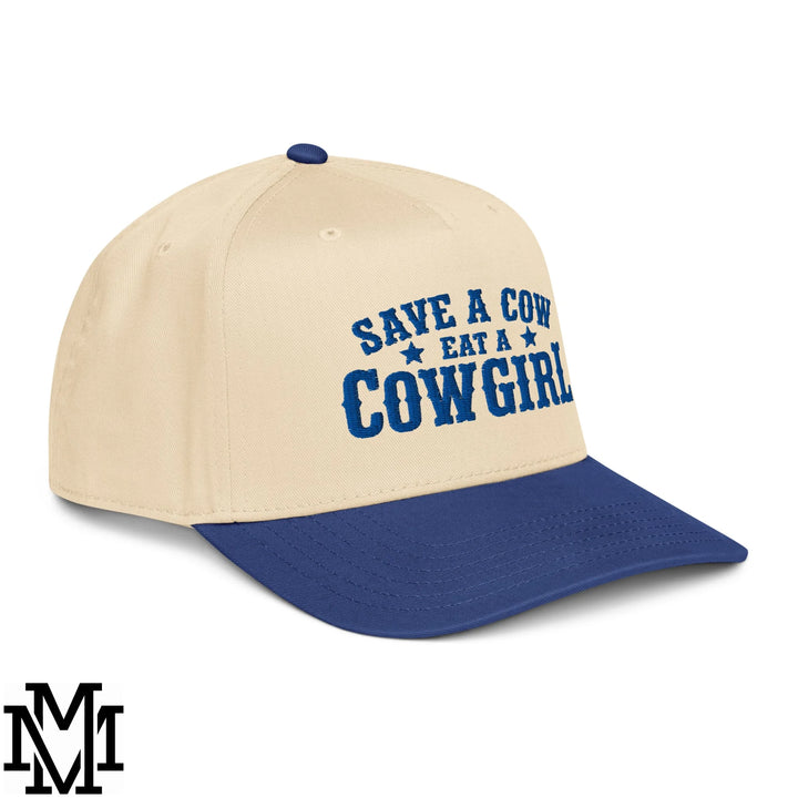 Save a Cow Eat a Cowgirl Embroidered Baseball Snapback Hat - Royal Natural