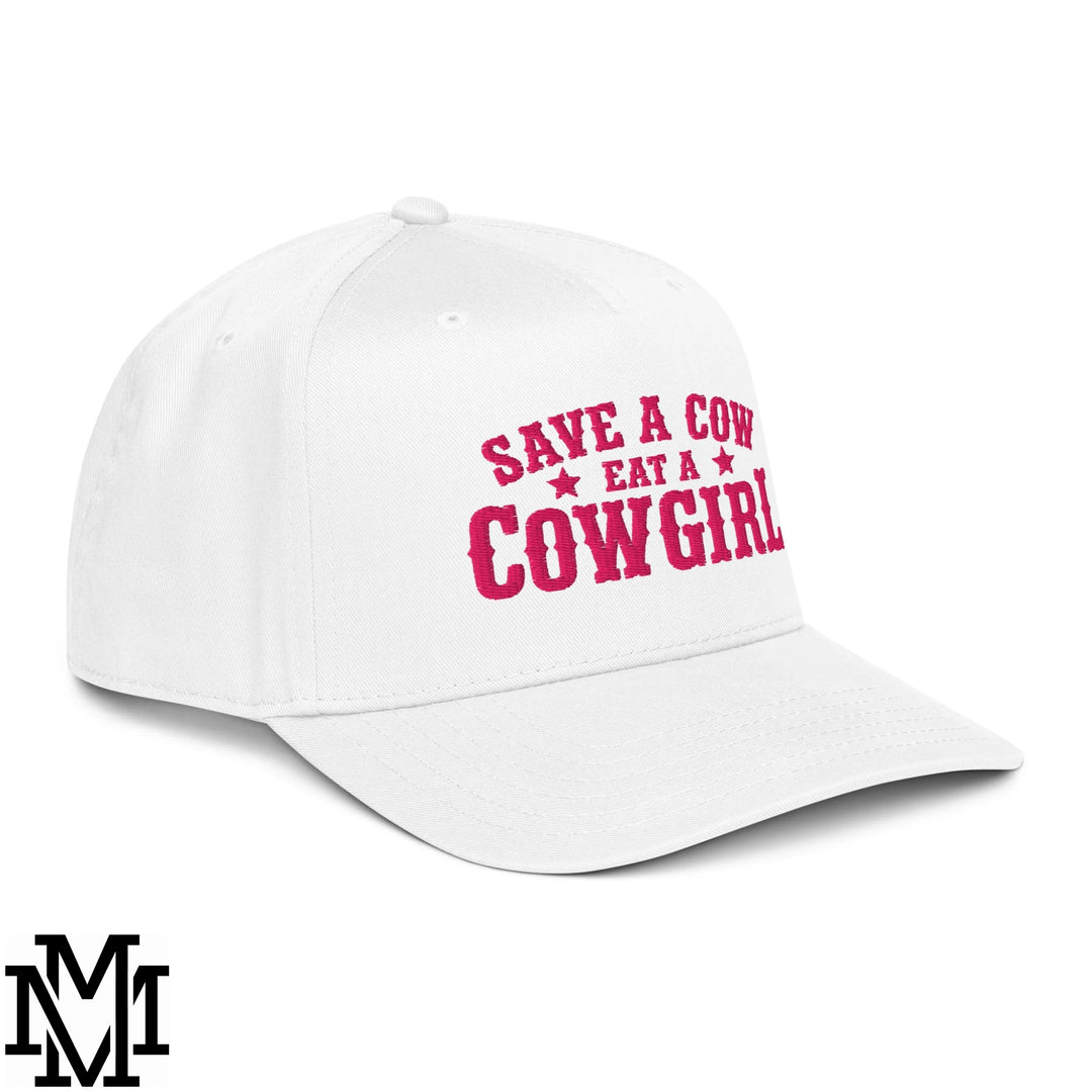 Save a Cow Eat a Cowgirl Embroidered Baseball Snapback Hat - White