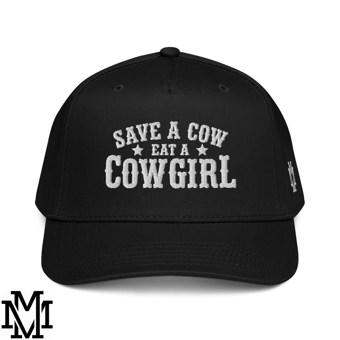 Save a Cow Eat a Cowgirl Embroidered Baseball Snapback Hat - Black