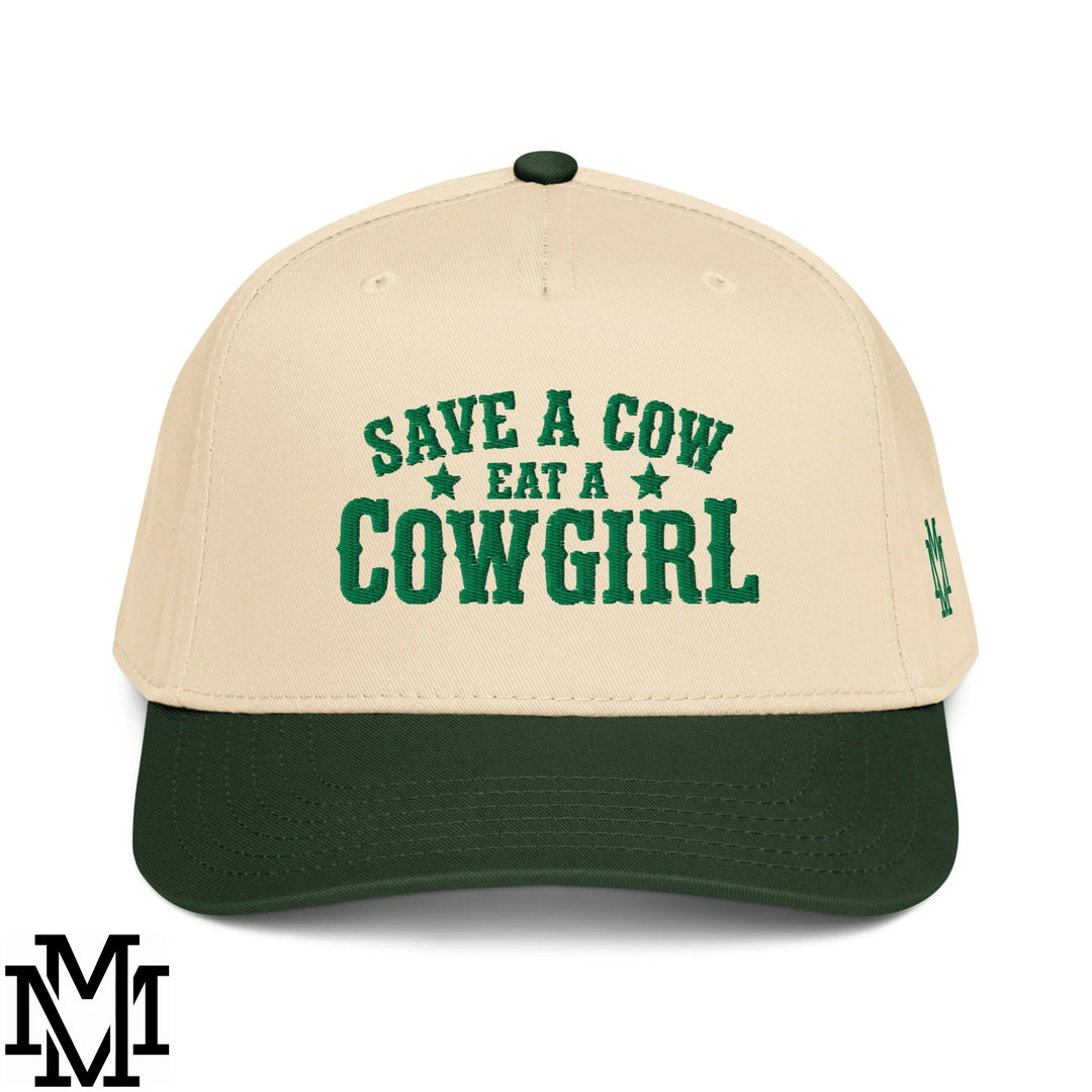 Save a Cow Eat a Cowgirl Embroidered Baseball Snapback Hat - Dark Green Natural
