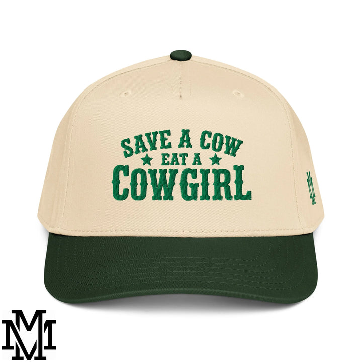 Save a Cow Eat a Cowgirl Embroidered Baseball Snapback Hat - Dark Green Natural