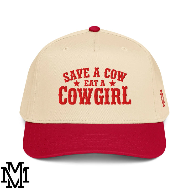 Save a Cow Eat a Cowgirl Embroidered Baseball Snapback Hat - Red Natural