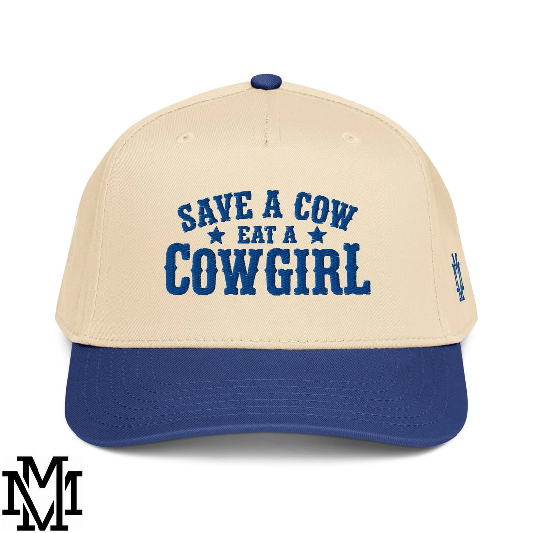 Save a Cow Eat a Cowgirl Embroidered Baseball Snapback Hat - Royal Natural