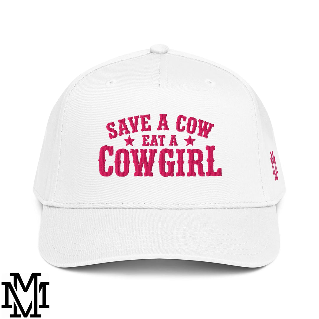 Save a Cow Eat a Cowgirl Embroidered Baseball Snapback Hat - White