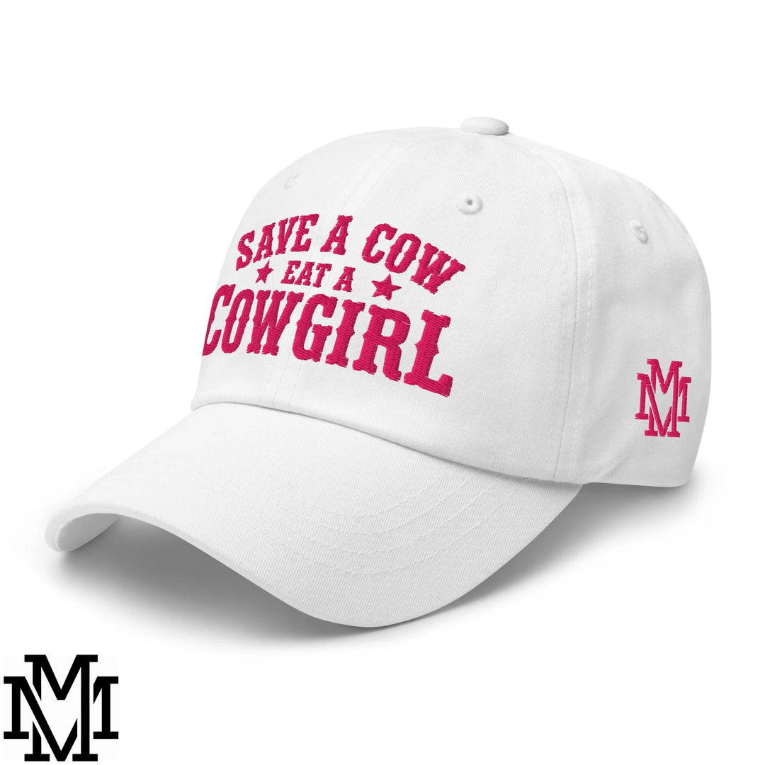 Save a Cow Eat a Cowgirl Embroidered Unstructured Dad Hat - White