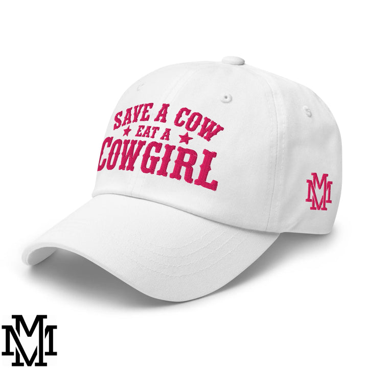 Save a Cow Eat a Cowgirl Embroidered Unstructured Dad Hat - White