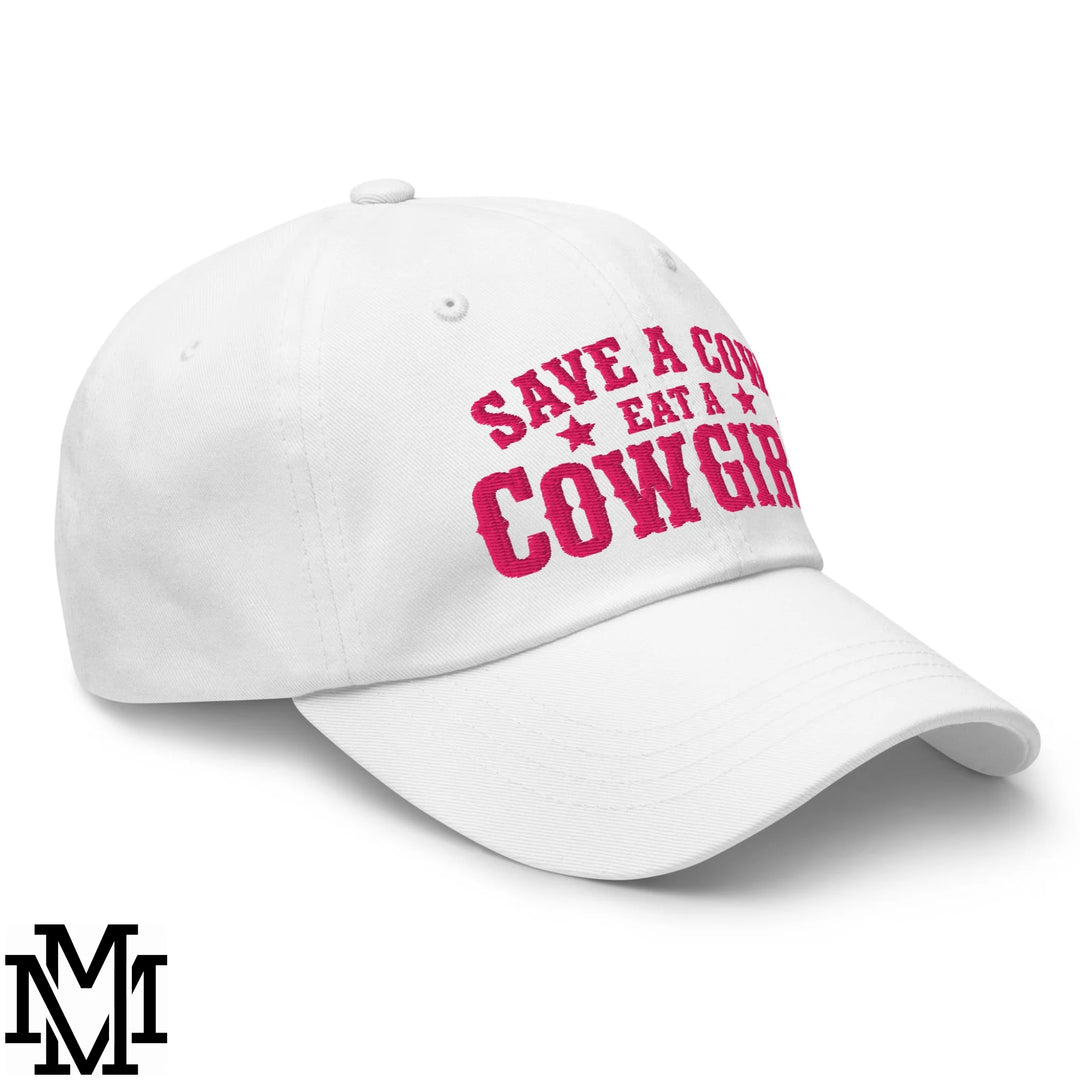 Save a Cow Eat a Cowgirl Embroidered Unstructured Dad Hat - White
