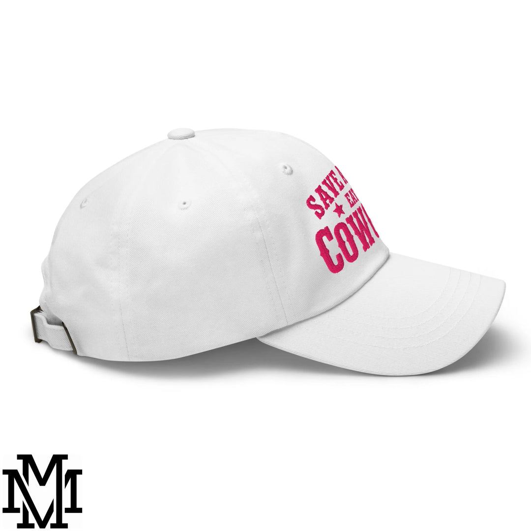 Save a Cow Eat a Cowgirl Embroidered Unstructured Dad Hat - White
