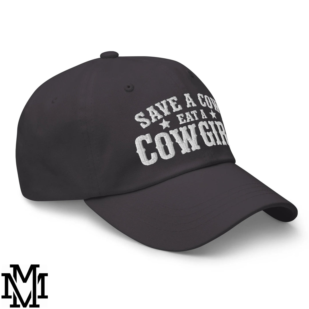 Save a Cow Eat a Cowgirl Embroidered Unstructured Dad Hat - Dark Grey