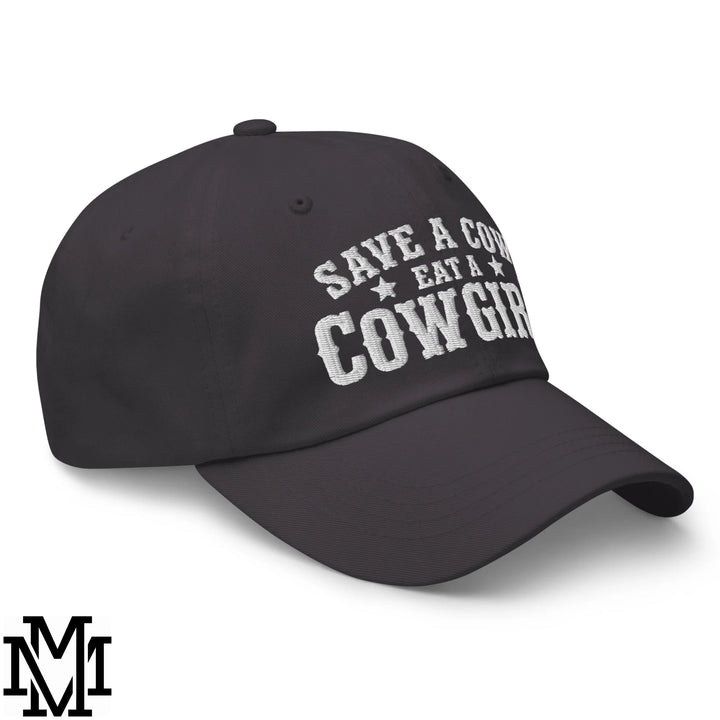 Save a Cow Eat a Cowgirl Embroidered Unstructured Dad Hat - Dark Grey