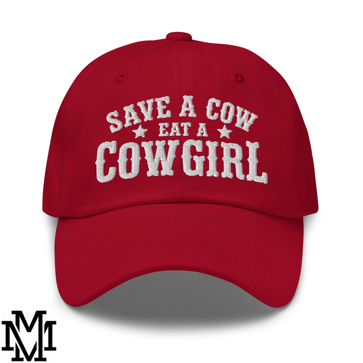 Save a Cow Eat a Cowgirl Embroidered Unstructured Dad Hat - Cranberry