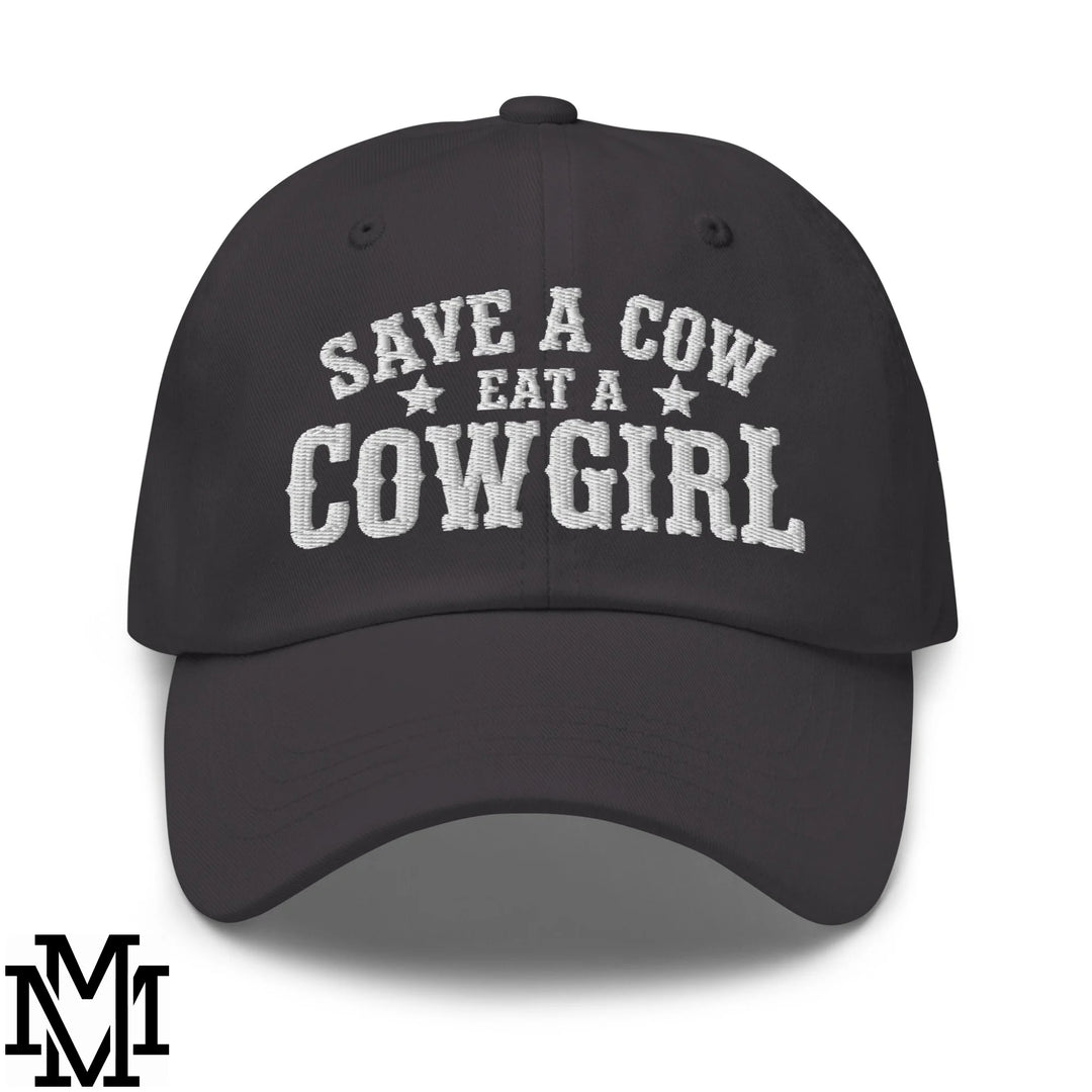 Save a Cow Eat a Cowgirl Embroidered Unstructured Dad Hat - Dark Grey