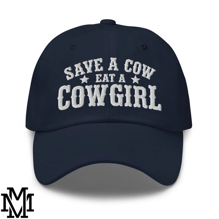 Save a Cow Eat a Cowgirl Embroidered Unstructured Dad Hat - Navy