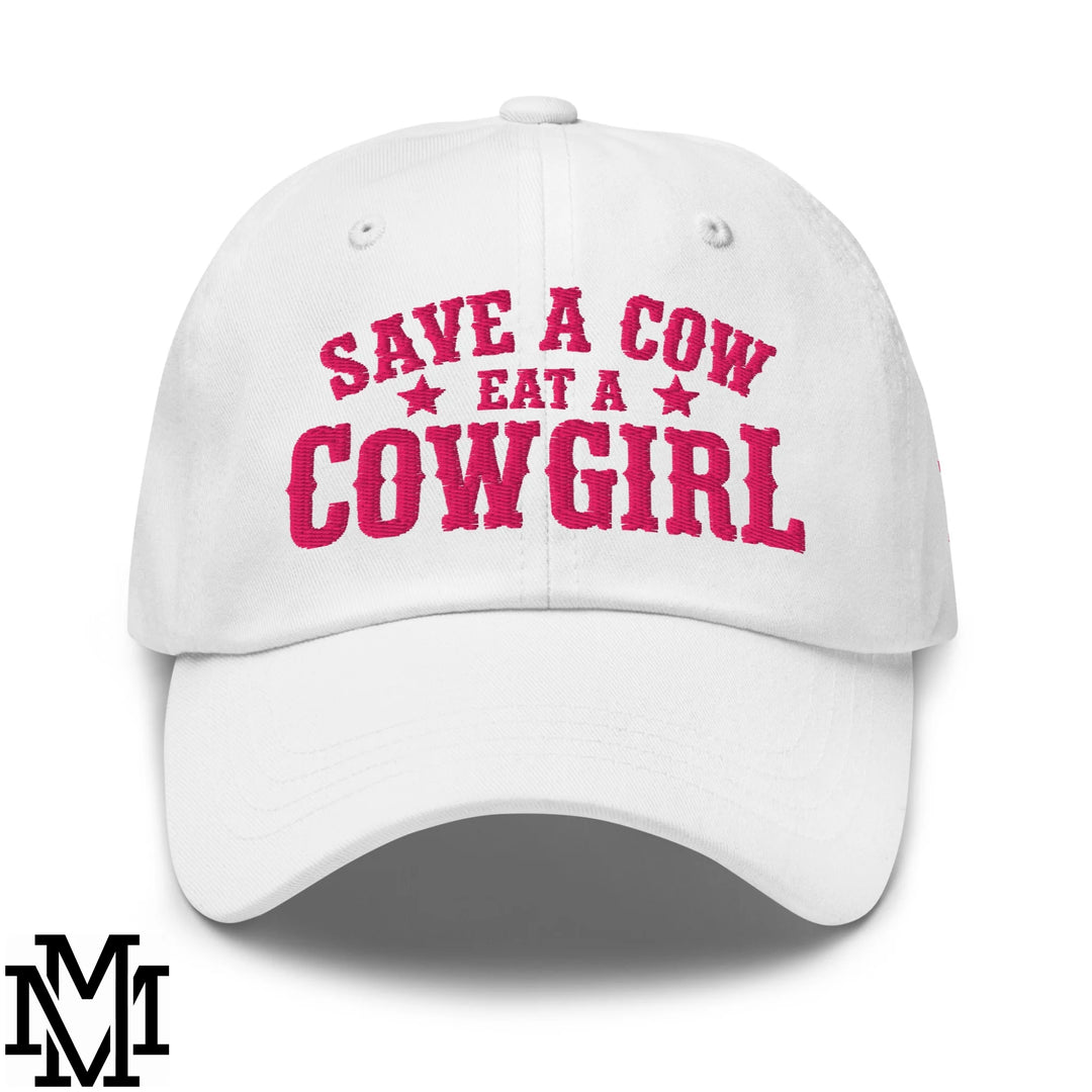 Save a Cow Eat a Cowgirl Embroidered Unstructured Dad Hat - White