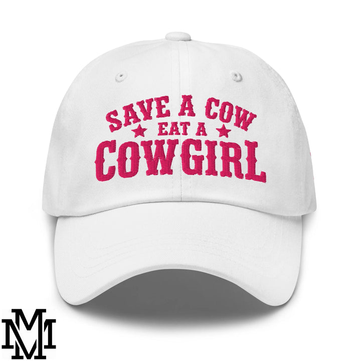 Save a Cow Eat a Cowgirl Embroidered Unstructured Dad Hat - White