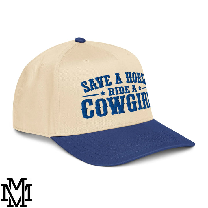 Save a Horse Ride a Cowgirl Embroidered Baseball Snapback Hat - Royal Natural