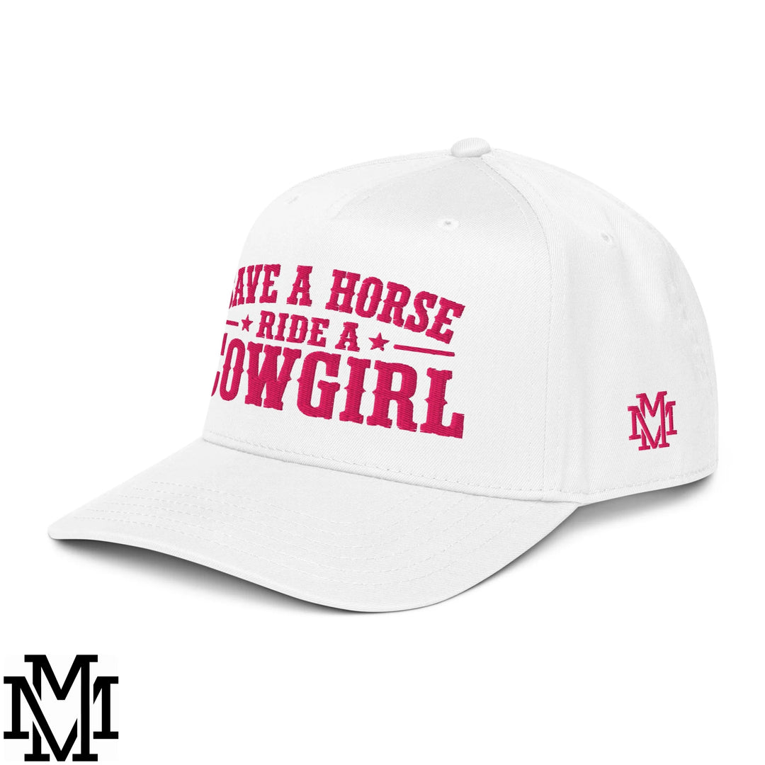 Save a Horse Ride a Cowgirl Embroidered Baseball Snapback Hat - White
