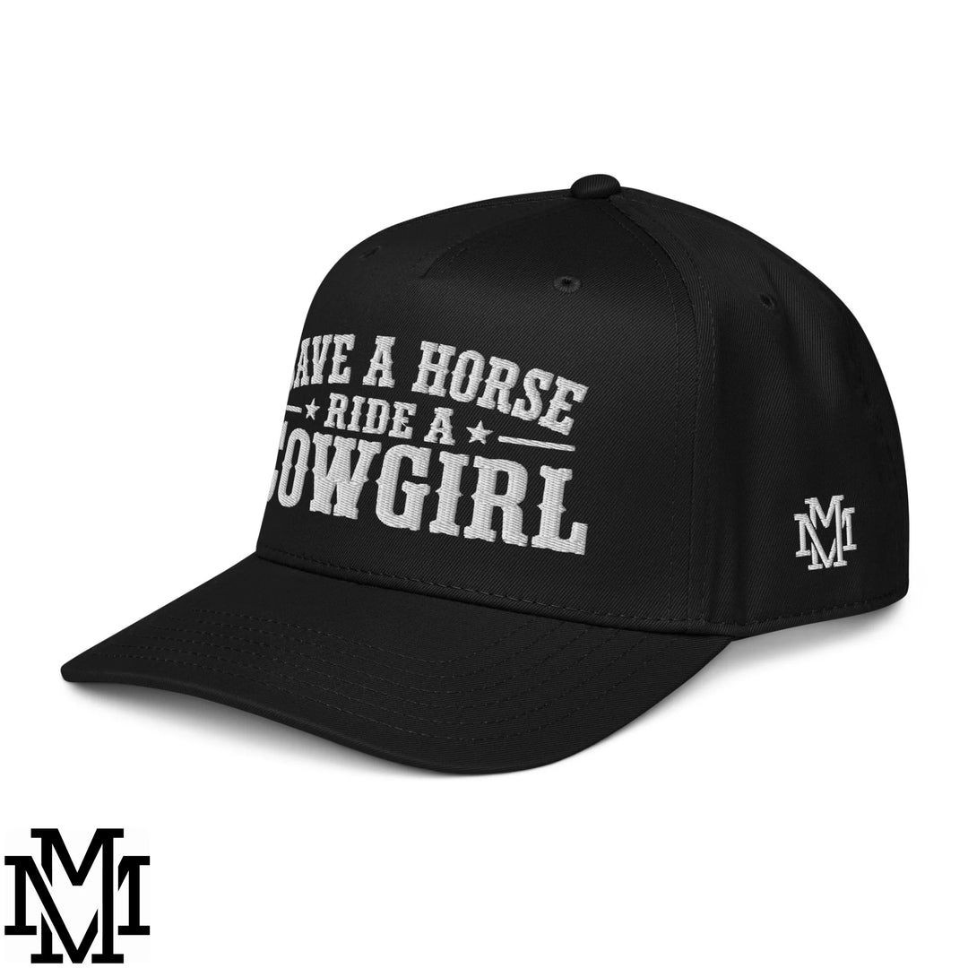 Save a Horse Ride a Cowgirl Embroidered Baseball Snapback Hat - Black