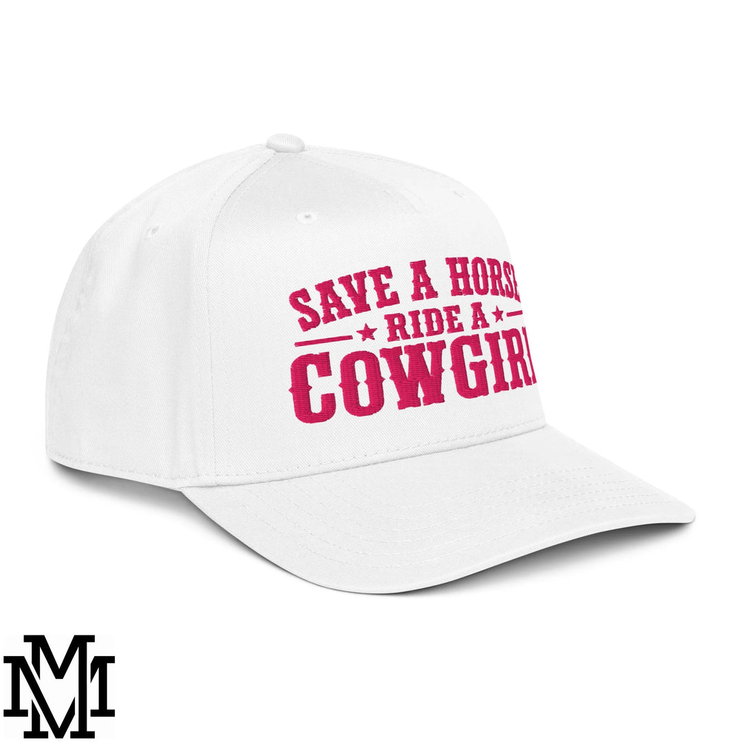 Save a Horse Ride a Cowgirl Embroidered Baseball Snapback Hat - White