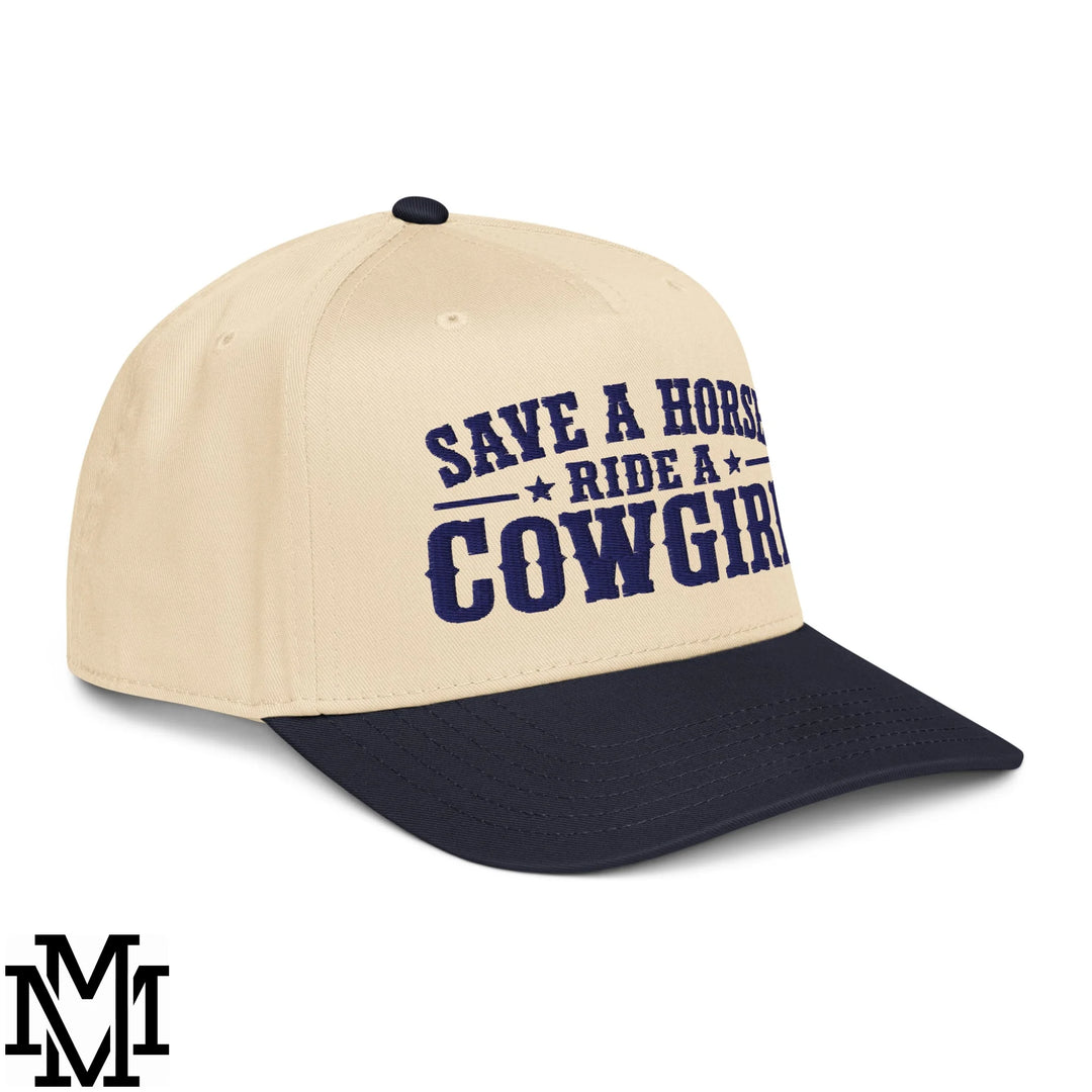Save a Horse Ride a Cowgirl Embroidered Baseball Snapback Hat - Navy Natural