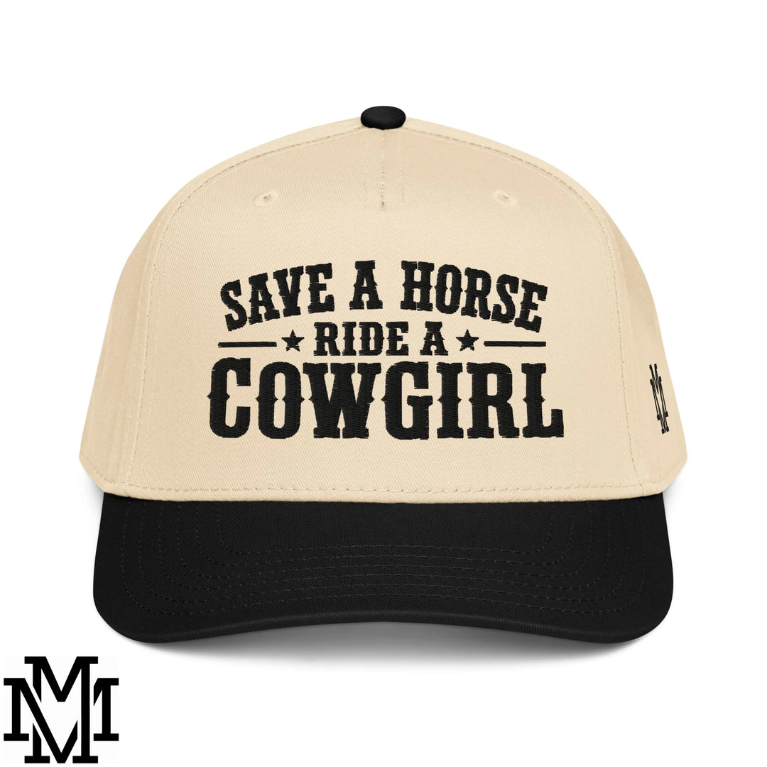 Save a Horse Ride a Cowgirl Embroidered Baseball Snapback Hat - Black Natural