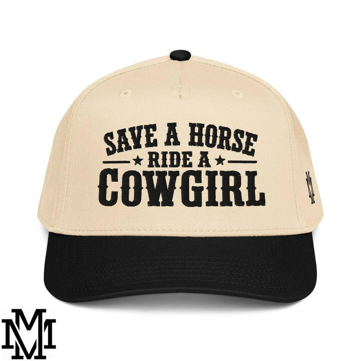 Save a Horse Ride a Cowgirl Embroidered Baseball Snapback Hat - Black Natural