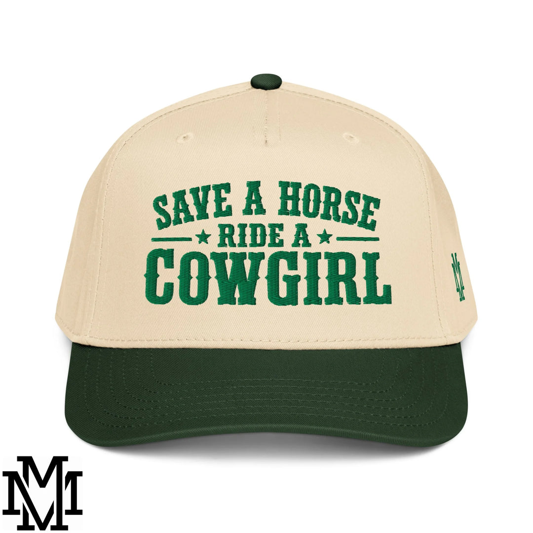 Save a Horse Ride a Cowgirl Embroidered Baseball Snapback Hat - Dark Green Natural