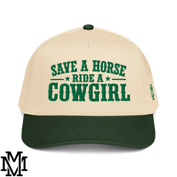 Save a Horse Ride a Cowgirl Embroidered Baseball Snapback Hat - Dark Green Natural