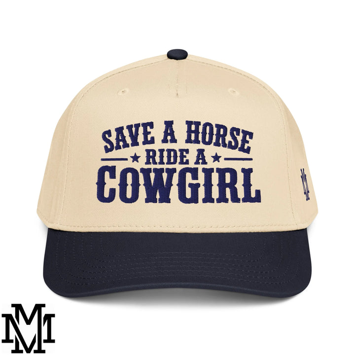 Save a Horse Ride a Cowgirl Embroidered Baseball Snapback Hat - Navy Natural
