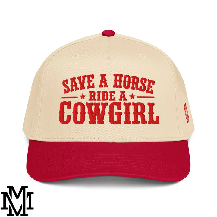 Save a Horse Ride a Cowgirl Embroidered Baseball Snapback Hat - Red Natural