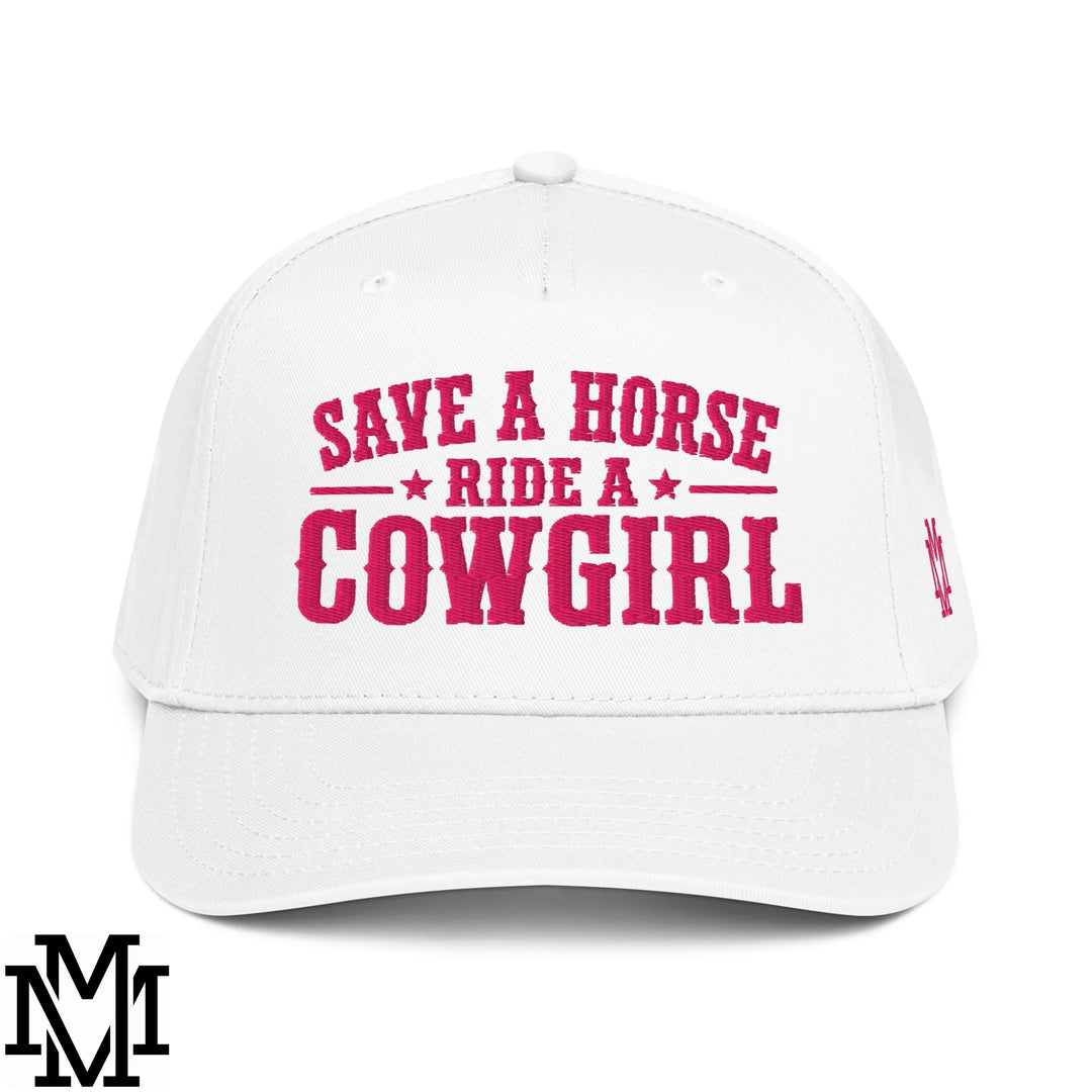 Save a Horse Ride a Cowgirl Embroidered Baseball Snapback Hat - White