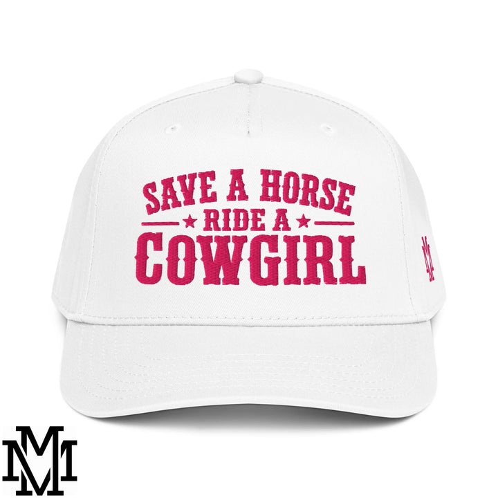 Save a Horse Ride a Cowgirl Embroidered Baseball Snapback Hat - White