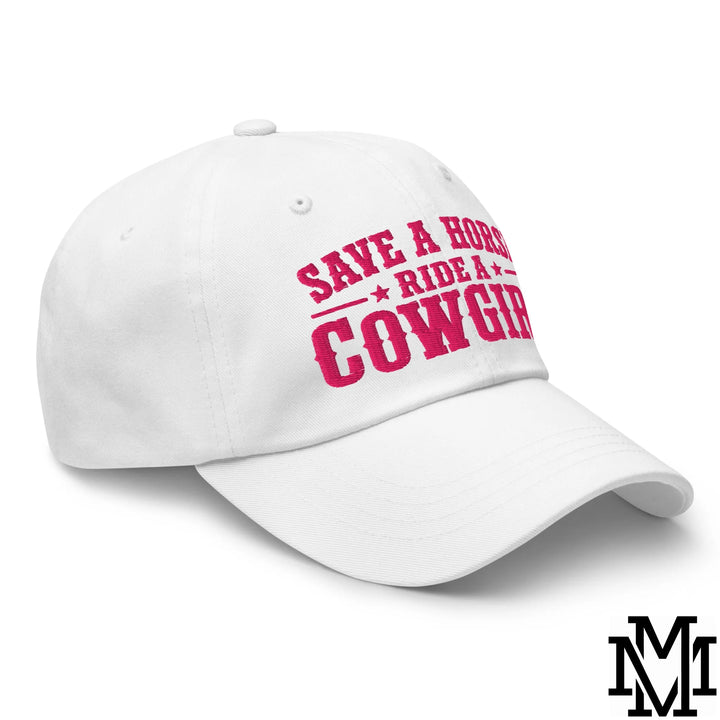 Save a Horse Ride a Cowgirl Embroidered Unstructured Dad Hat - White