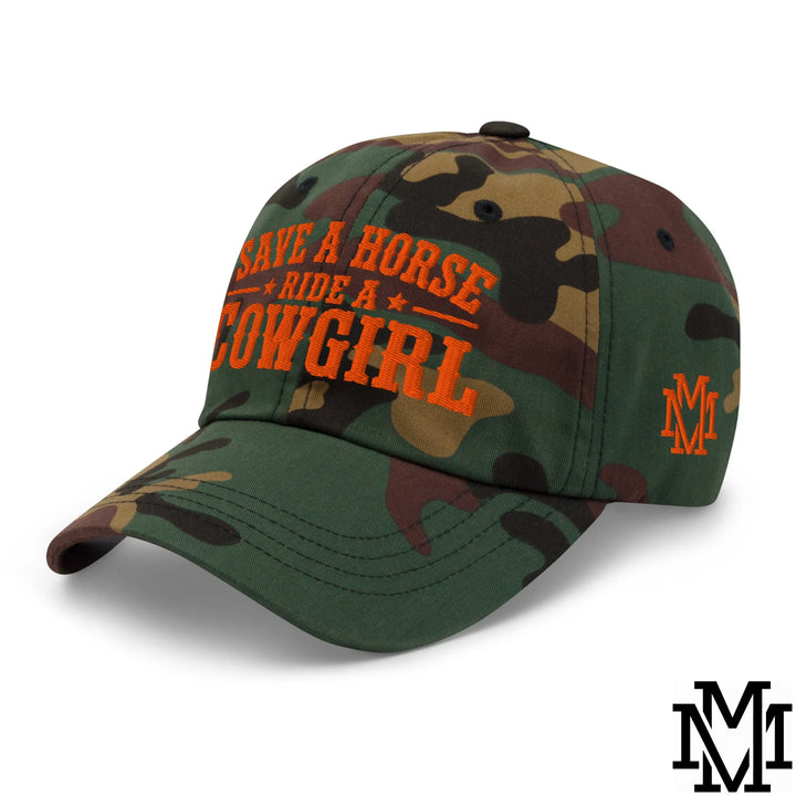 Save a Horse Ride a Cowgirl Embroidered Unstructured Dad Hat - Green Camo
