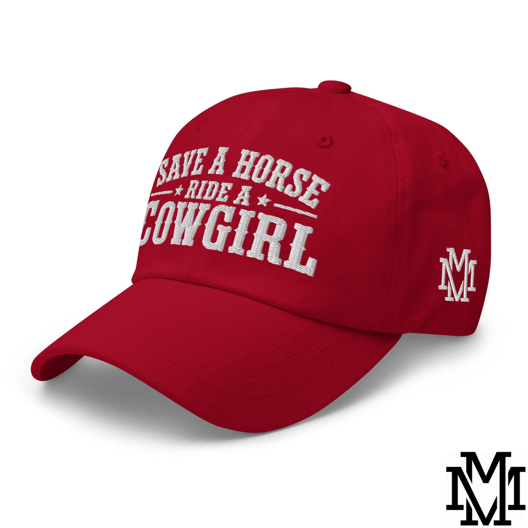 Save a Horse Ride a Cowgirl Embroidered Unstructured Dad Hat - Cranberry