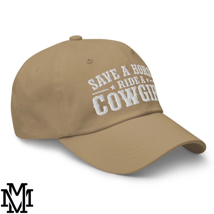 Save a Horse Ride a Cowgirl Embroidered Unstructured Dad Hat - Khaki