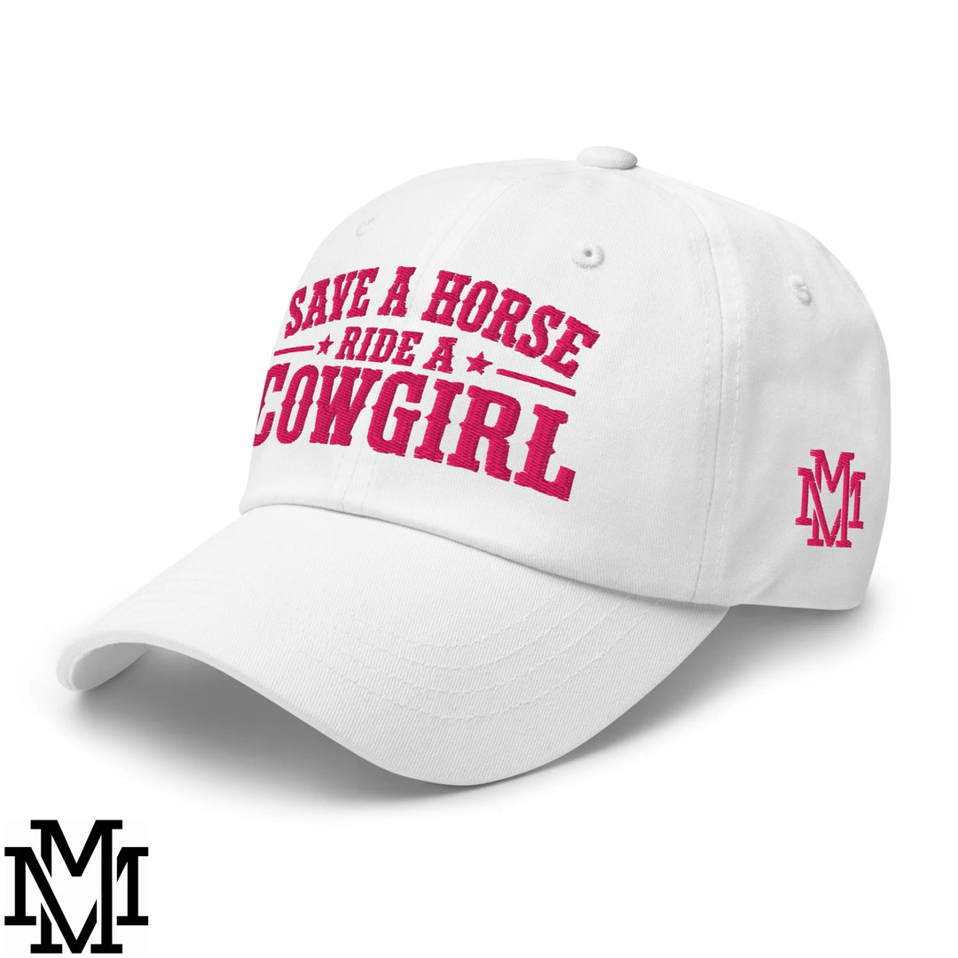 Save a Horse Ride a Cowgirl Embroidered Unstructured Dad Hat - White