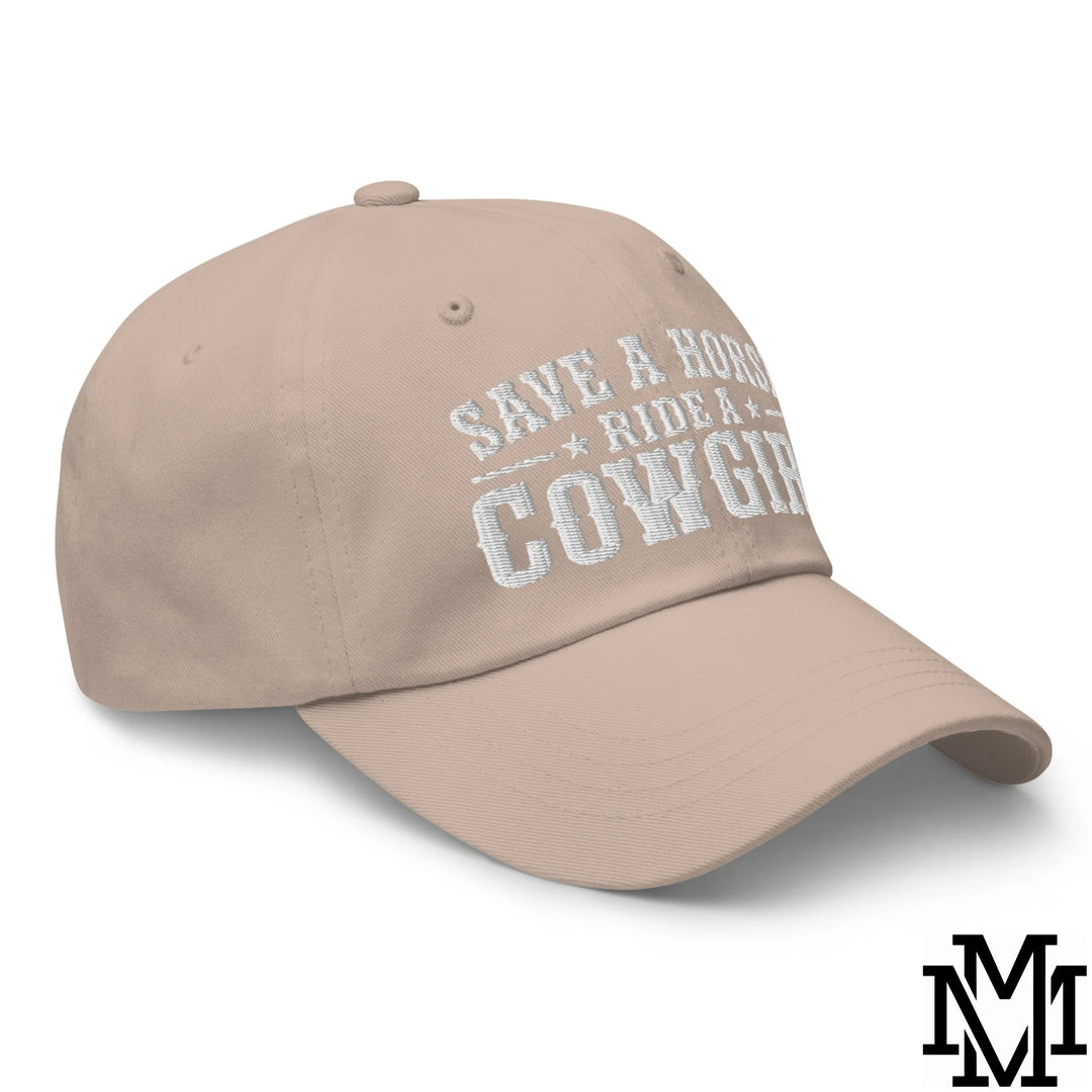 Save a Horse Ride a Cowgirl Embroidered Unstructured Dad Hat - Stone