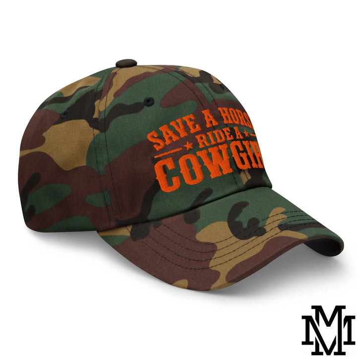 Save a Horse Ride a Cowgirl Embroidered Unstructured Dad Hat - Green Camo