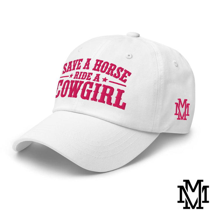 Save a Horse Ride a Cowgirl Embroidered Unstructured Dad Hat - White