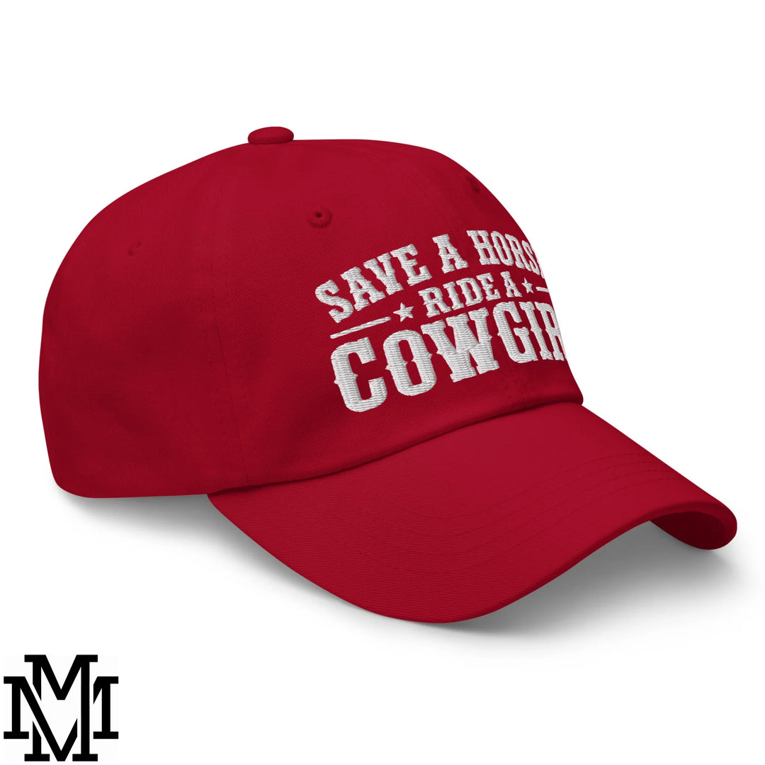 Save a Horse Ride a Cowgirl Embroidered Unstructured Dad Hat - Cranberry