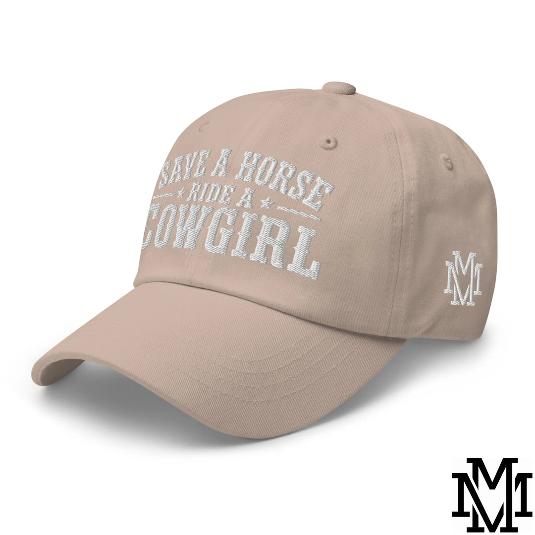Save a Horse Ride a Cowgirl Embroidered Unstructured Dad Hat - Stone