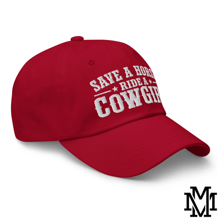 Save a Horse Ride a Cowgirl Embroidered Unstructured Dad Hat - Cranberry