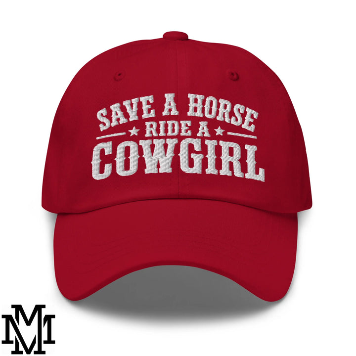 Save a Horse Ride a Cowgirl Embroidered Unstructured Dad Hat - Cranberry
