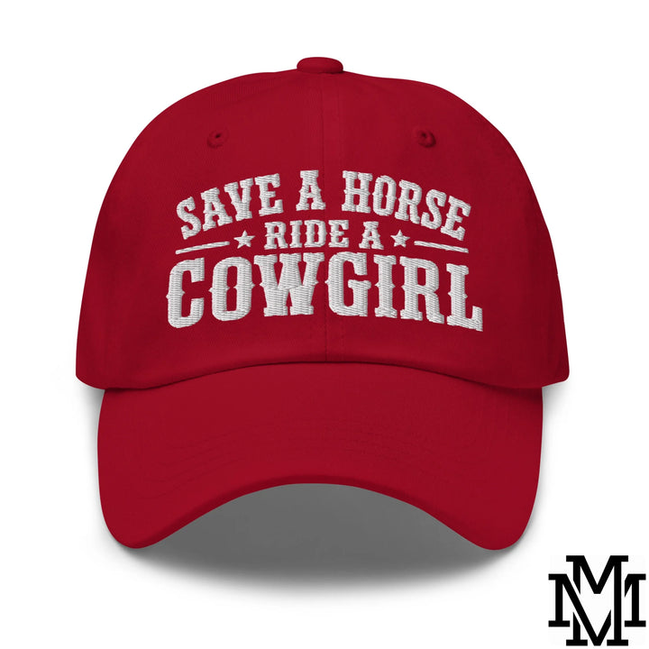 Save a Horse Ride a Cowgirl Embroidered Unstructured Dad Hat - Cranberry