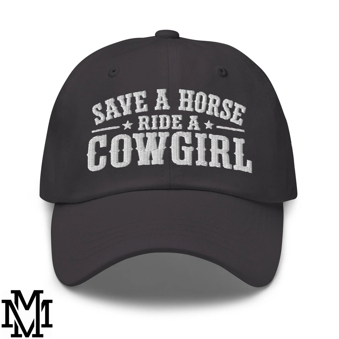 Save a Horse Ride a Cowgirl Embroidered Unstructured Dad Hat - Dark Grey